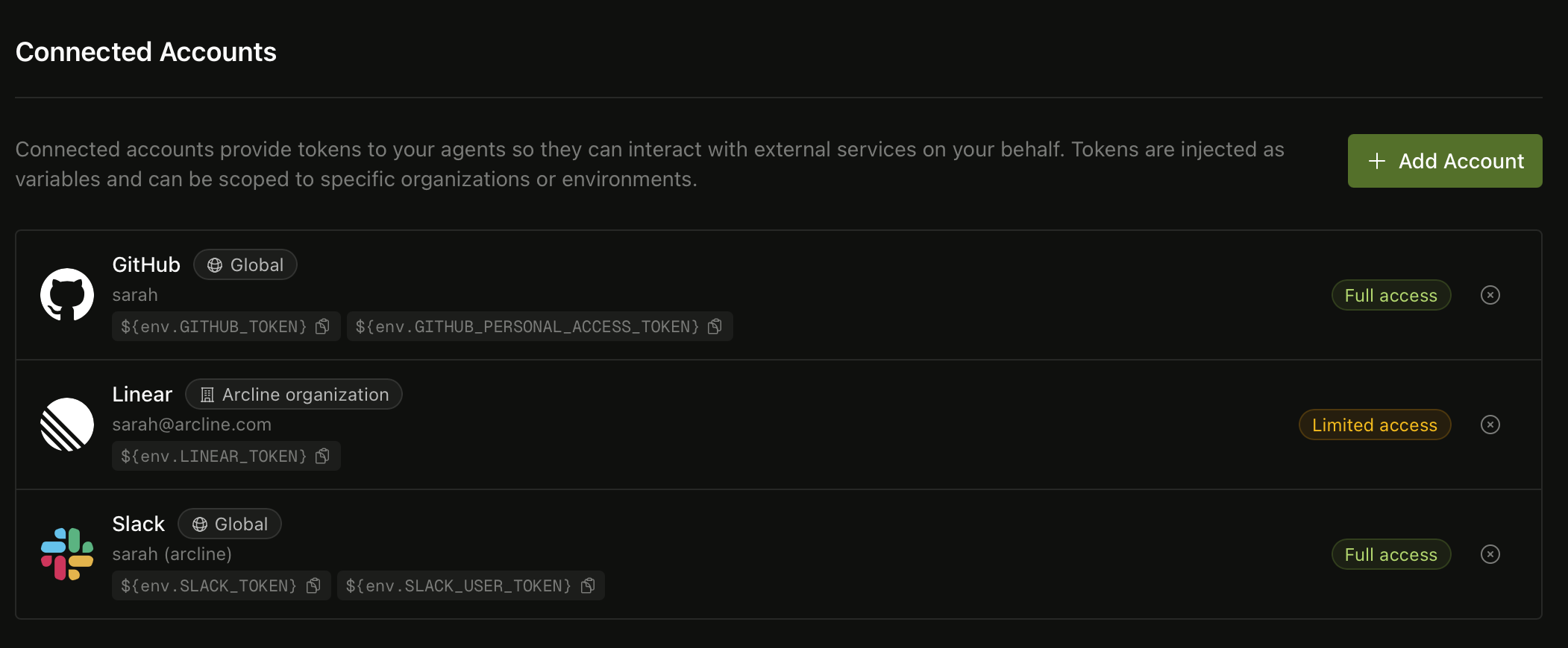 Connected accounts showing GitHub, Linear, and Slack with scoped token variables